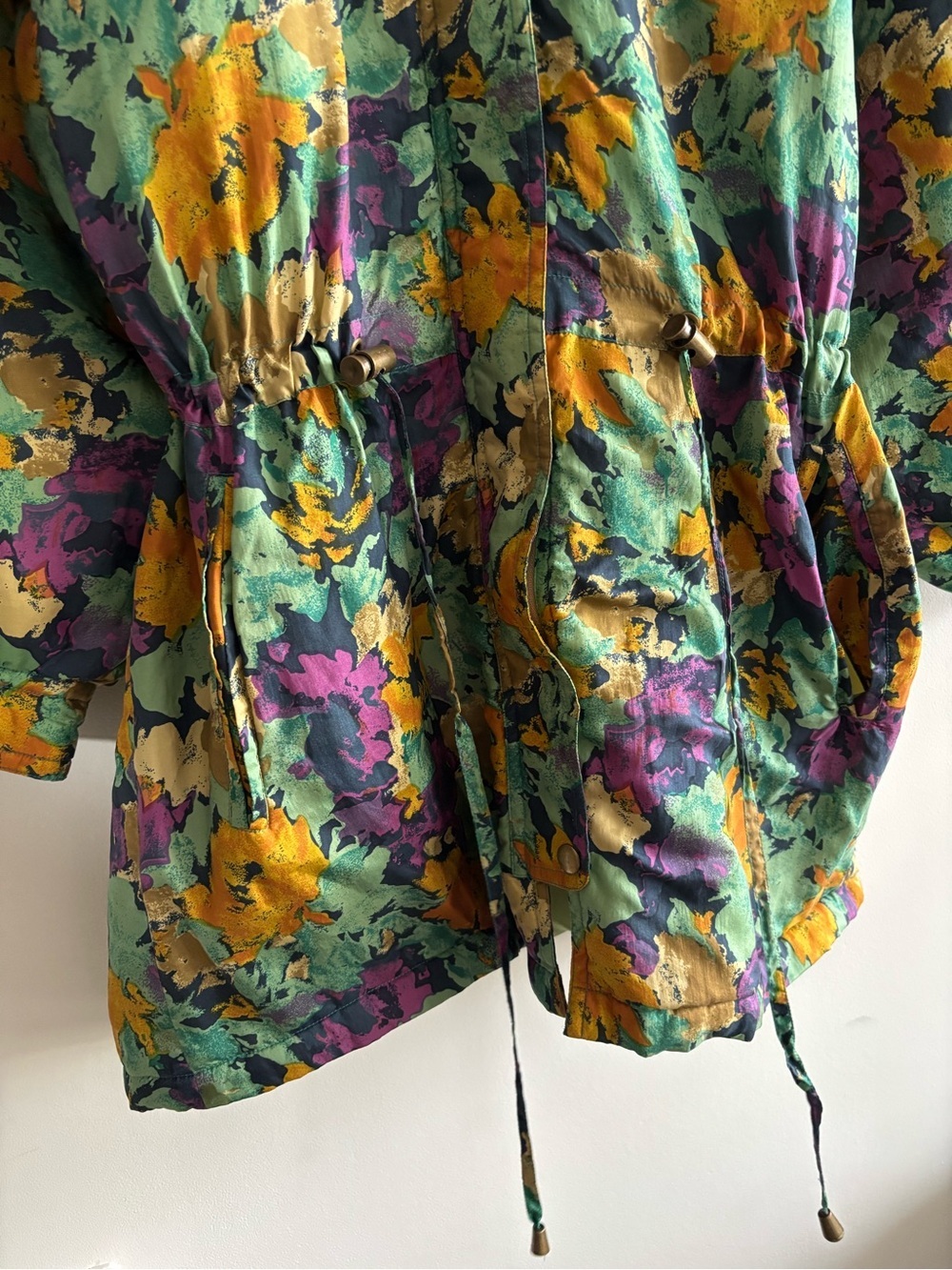 Vintage 100% Silk Rare Floral Utility Anorak Jacket in Green, Yellow & Purple - Picture 6 of 16